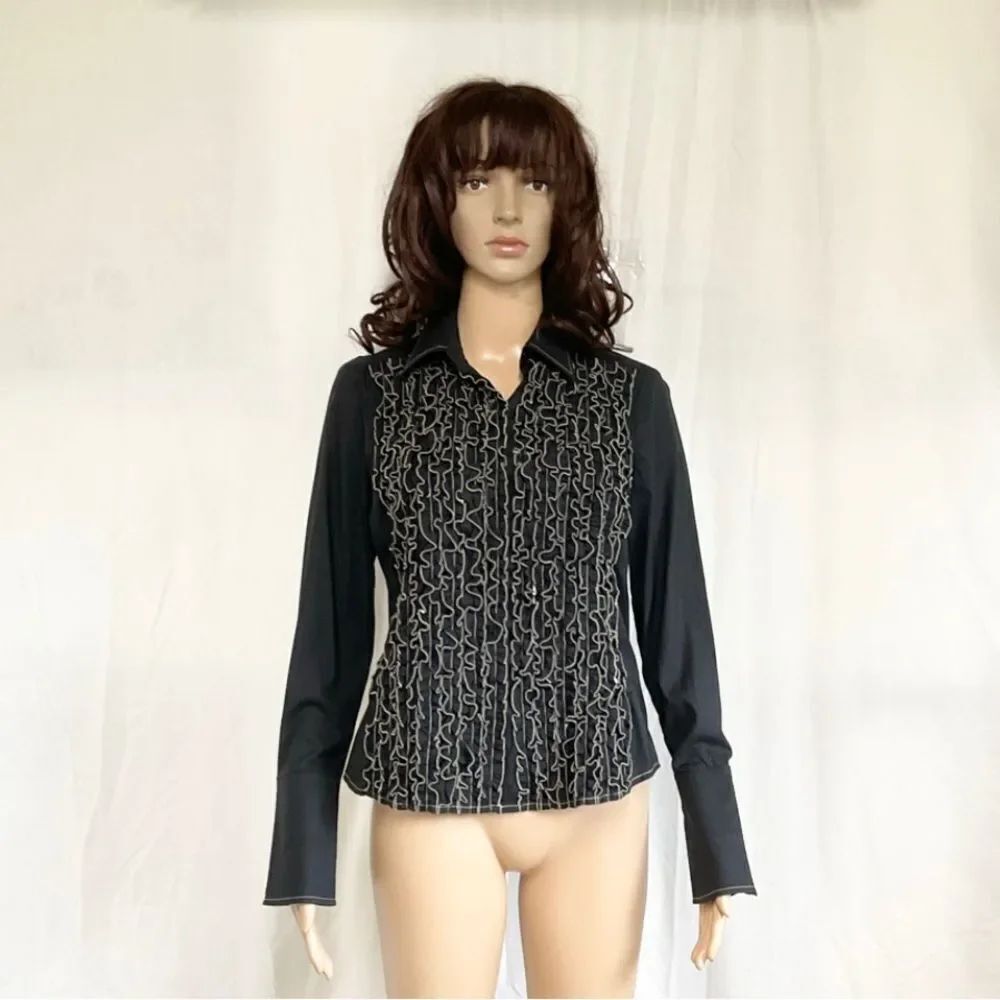 Max Studio Black Ruffle Front Long Sleeve Renaissance Collared Buttoned Shirt S - Picture 3 of 9